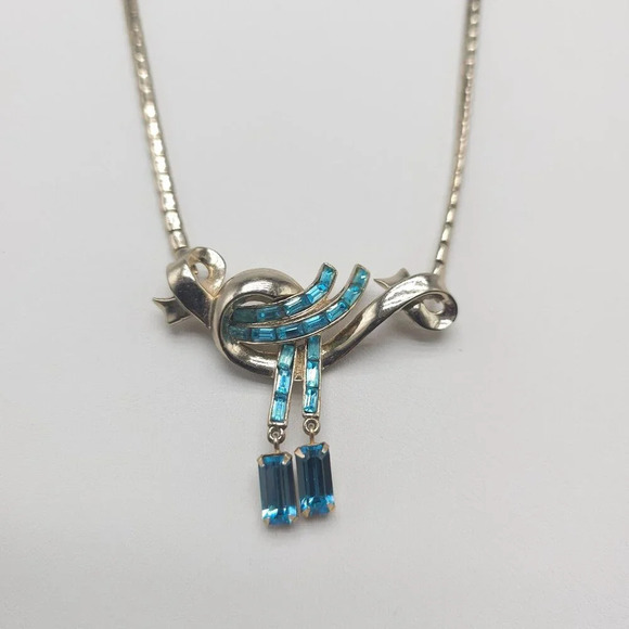 Coro Necklace Blue Rhinestones Dangle Art Deco Style Mid Century Necklace - Picture 2 of 7